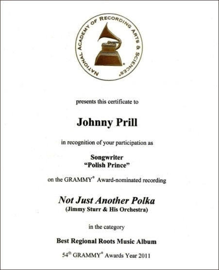 Grammy-nominated Certificate - Polish Prince - Johnny Prill
